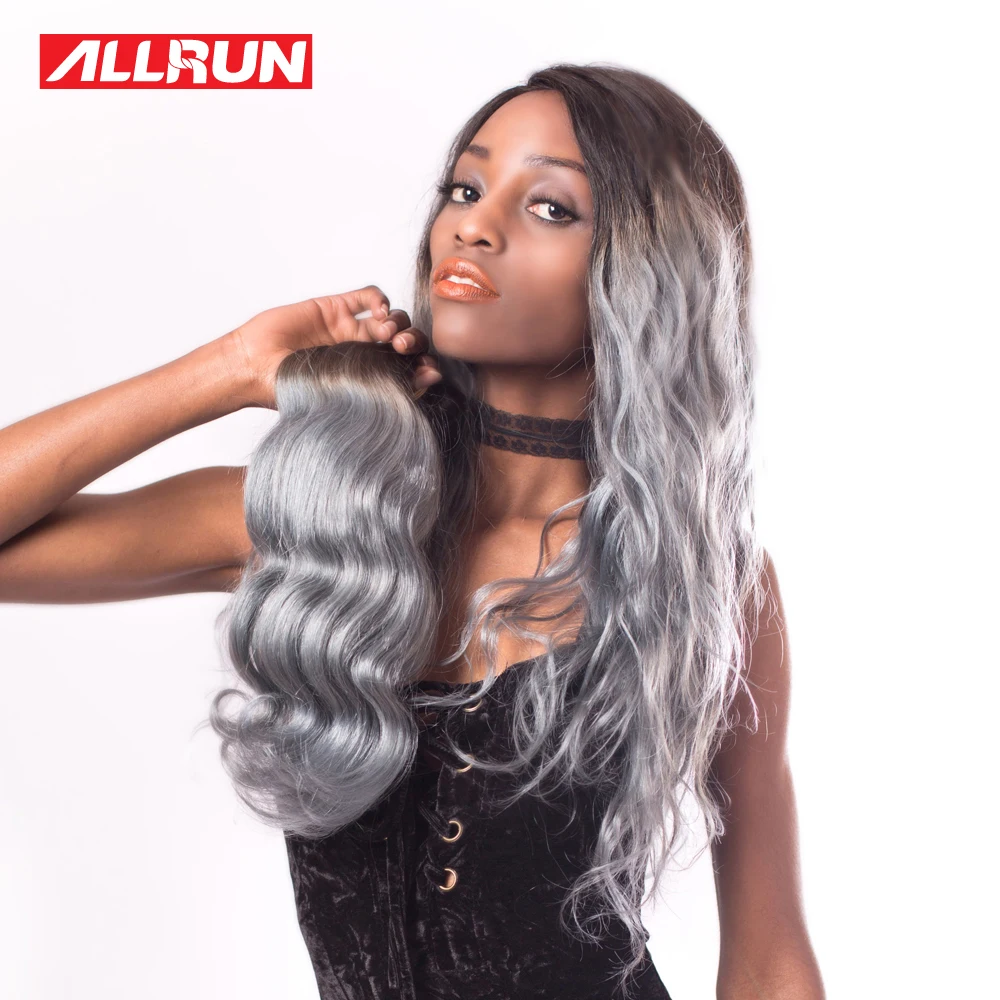ALLRUN Body Wave Ombre Brazilian Hair Weave Bundles 100% T1B Grey 14