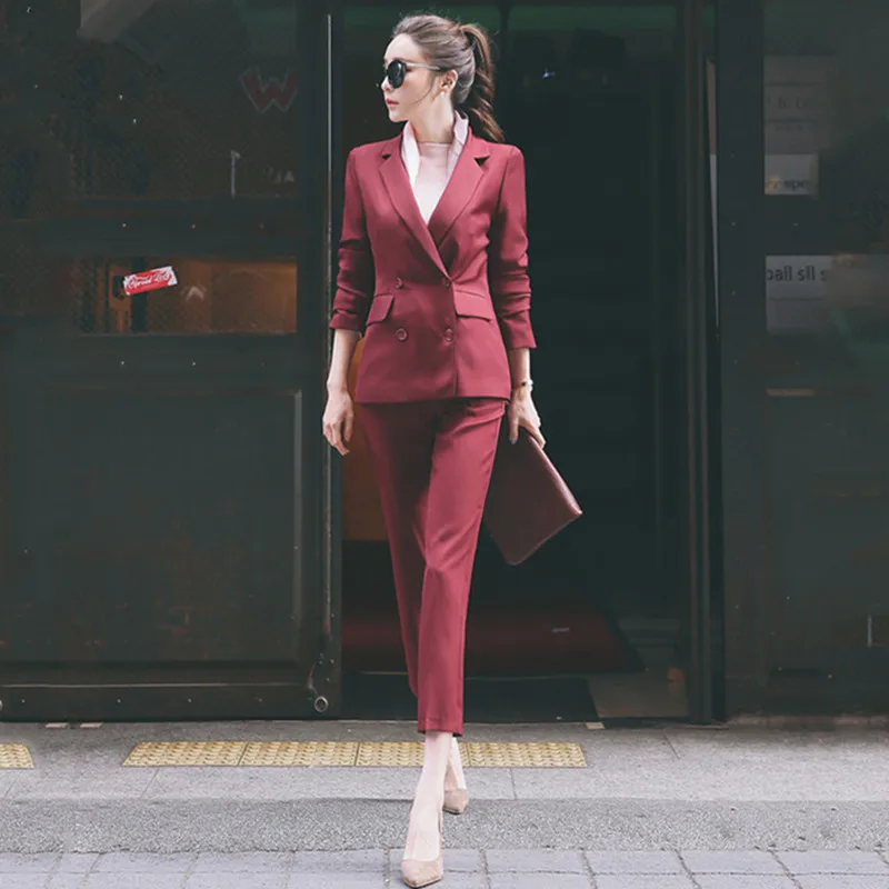 

Women's Casual Business suits 2018 Autumn Winter Clothing Black/Red wine Solid Slim Blazer Coat and Pants Feminine 2 Piece Set