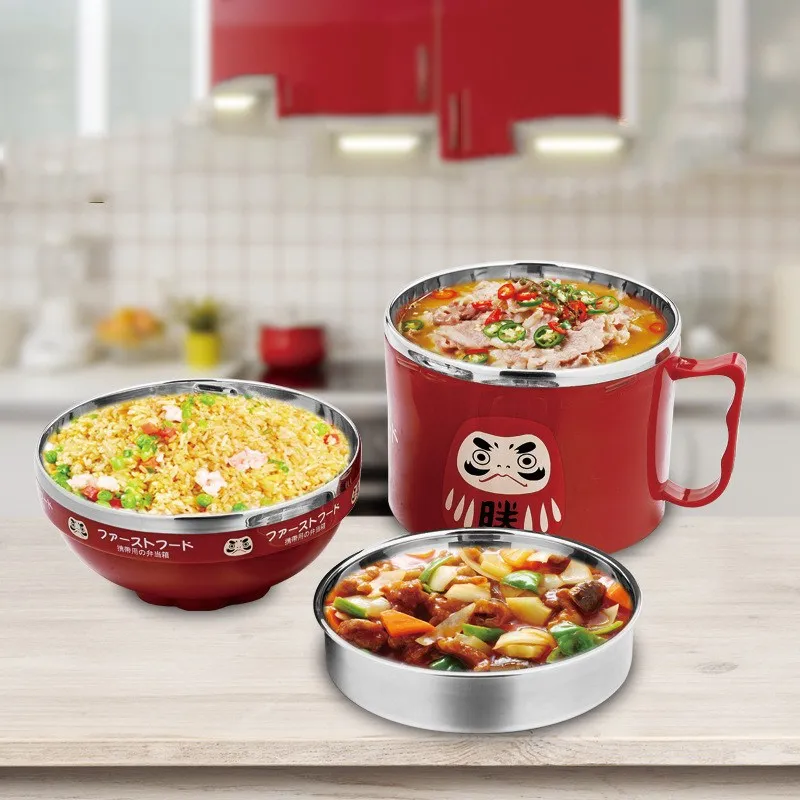 Мультяшная двухслойная лапша миска Bento Контейнер для обеда из нержавеющей стали