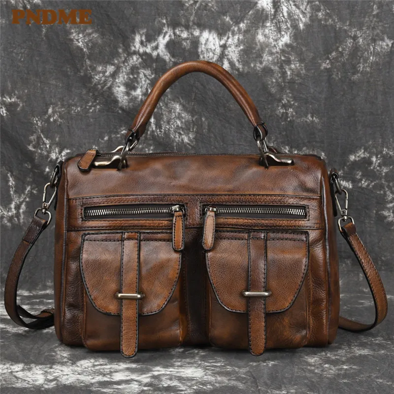 

PNDME retro top layer cowhide men's briefcase simple business soft genuine leather office multi pocket laptop bag messenger bags