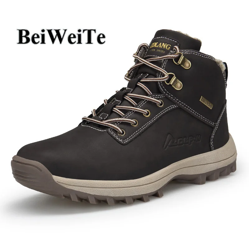 Men Hiking Shoes Male Big Size Winter Plus Fur High Top Snow Walking Barefoot Shoes Tourism Outdoor Trekking Shoes Hunting Boots