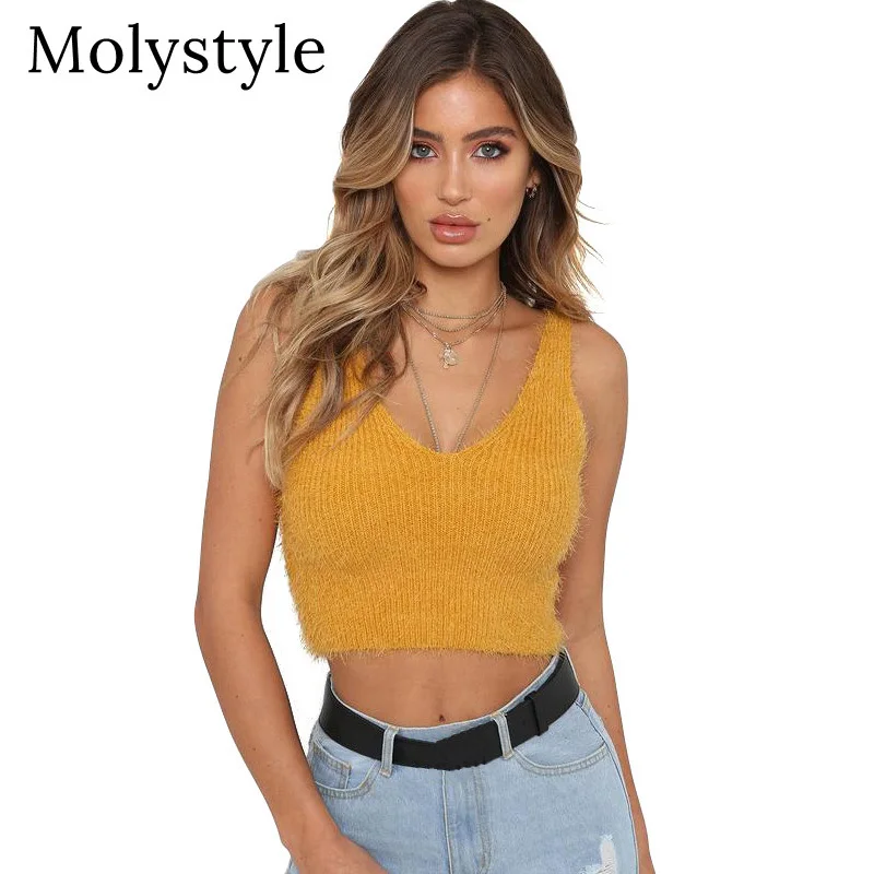 MolyStyle 2018 New Warm Hairy Sleeveless Knitted Sweater Women Autumn Winter Plush Short Top Femme Sexy V Neck Crop | Женская одежда