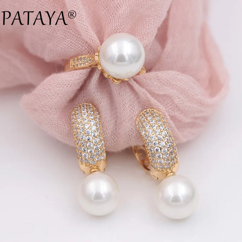 

PATAYA New Women Wedding Party Jewelry 585 Rose Gold Micro-wax Inlay Natural Zircon Sea Shell Pearls Dangle Earrings Rings Sets