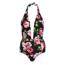 Женский Ретро Цельный купальник с открытой спиной, купальник с высокой талией, купальник с принтом, полиэстер, сексуальный купальник, женское бикини A70