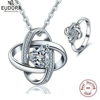 

EUDORA 100% 925 Sterling Silver Jewelry Set Crystal CZ Pendant Neckalce Wedding Ring For Women Gift Celtics Knot Jewelry set
