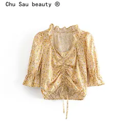 Chu Sau beauty Boho Шикарный Желтый с цветочным принтом, короткий топ, Женский праздничный свитер с рукавами-клеш блузки с завязками Vestidos De Mode