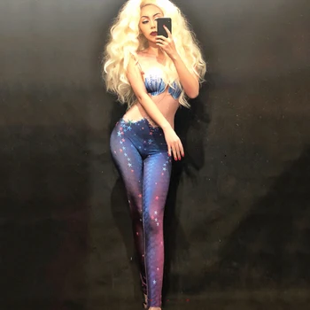 

Sexy Blue Mermaid Jumpsuit Sleeveless Big Stretch Nude Bodysuit Stage Nightclub Performance Party Dance Festival Outfit DN2235