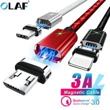 Cabo magnético micro usb tipo c olaf, fio para carregamento super rápido de celular iphone 7 huawei xiaomi
