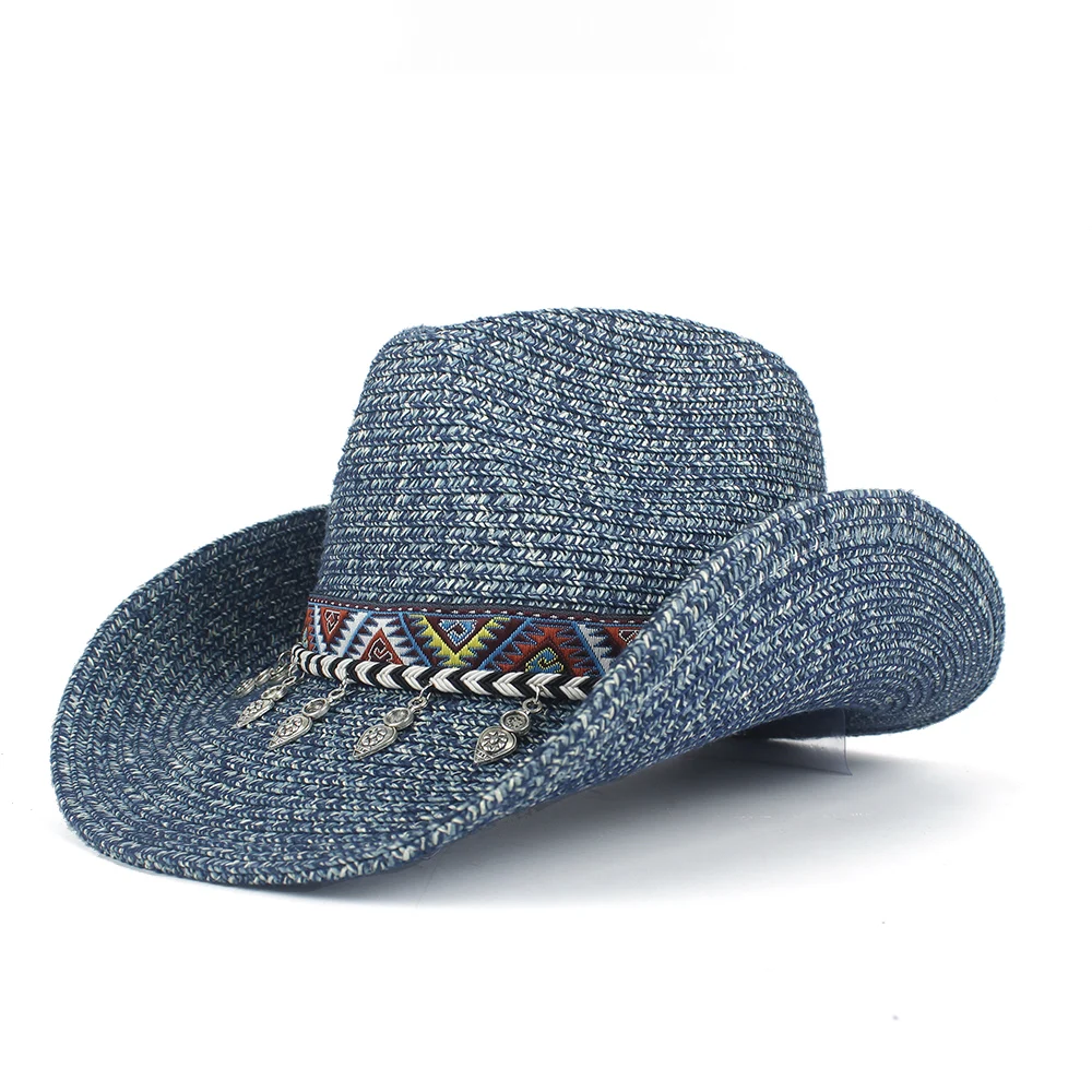Женская открытая западная ковбойская шляпа женская летняя соломенная богемная кисточка очарование Sombrero Hombre пляжная ковбойская джазовая шляпа - Цвет: Dark Blue