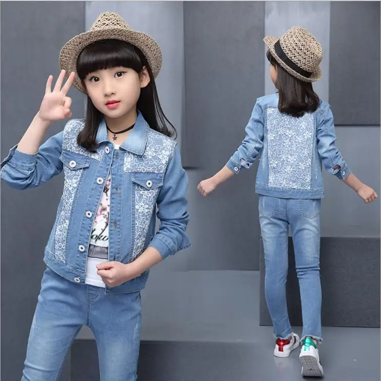 

Spring/autumn period Bud silk denim jacket jeans suit children Girls fashion leisure set Cuhk child clothes