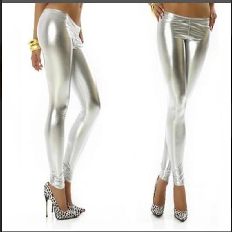 

Babbytoro Women Leggings Fashion 2019 Gold Black Silver Low Waist Shinning Faux Leather Jeggings Pants Ladies