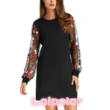 Women Botanical Embroidered Mesh Sleeve Longline Pullover Elegant Black Long Sleeve Lantern sleeve dress drop shipping Jan 18 frill trim embroidered lantern sleeve dress