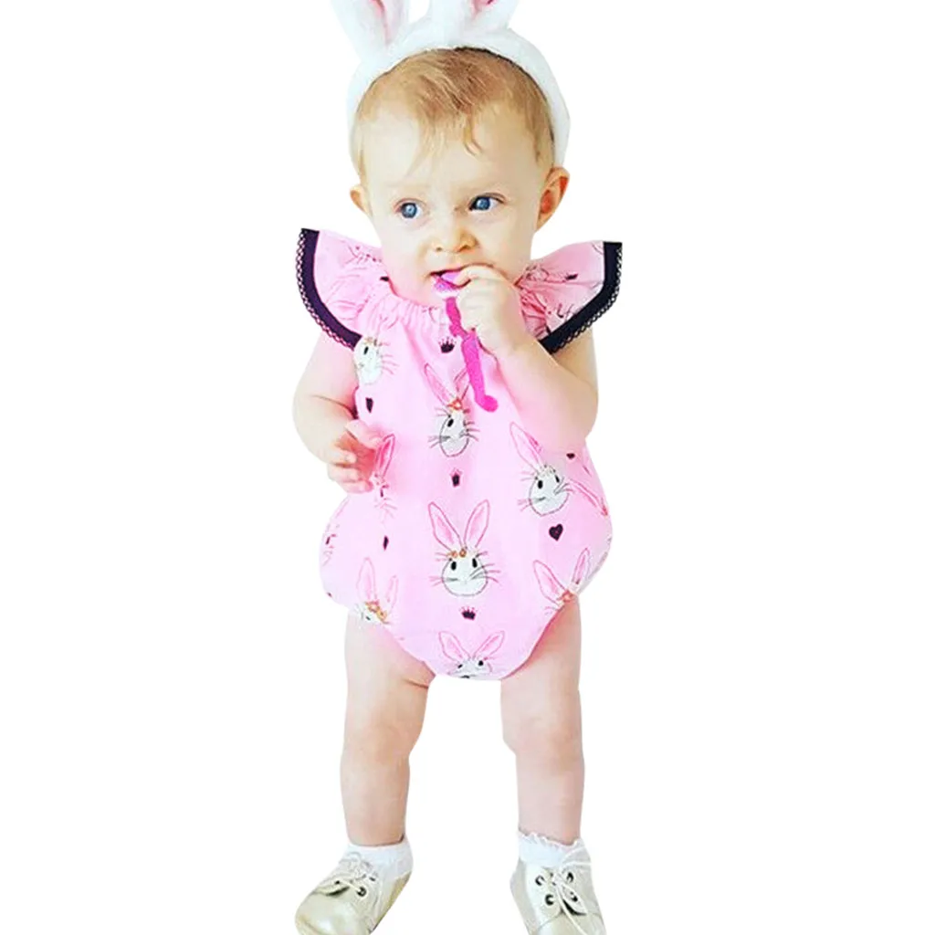 

Infant Baby Fly Sleeve Easter Day Rabbit Print Jumpsuit Romper Clothes