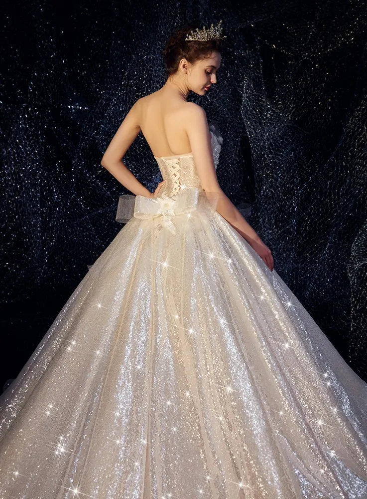Vivian's свадебное роскошное блестящее звездное небо с бантом из вуали бальное платье свадебное платье сексуальное без бретелек 3d Цветочная аппликация женское свадебное платье