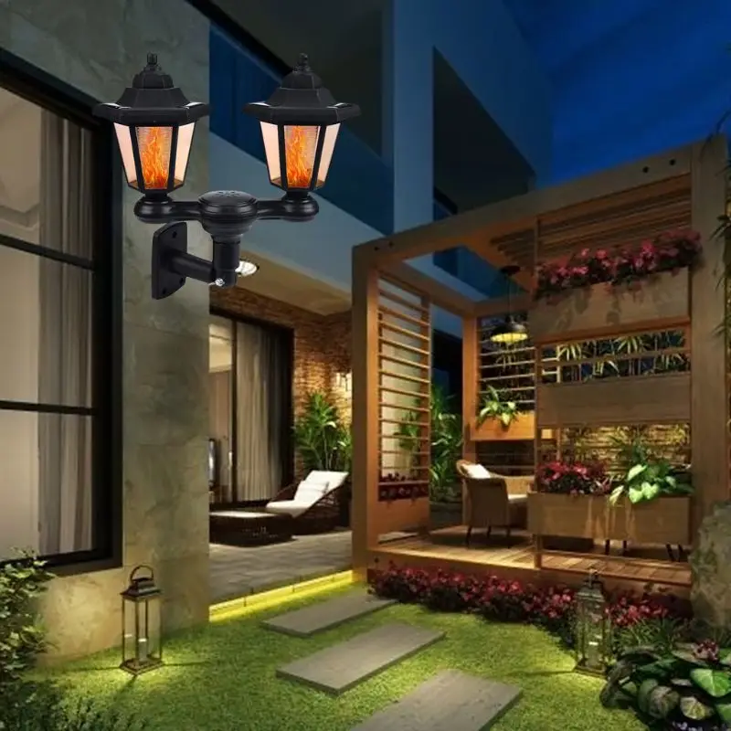 Светодиодный светильник с двойной солнечной батареей, водонепроницаемый, мерцающий огонь, настенные светильники, автоматическое Индукционное освещение, украшение сада для двора, для улицы