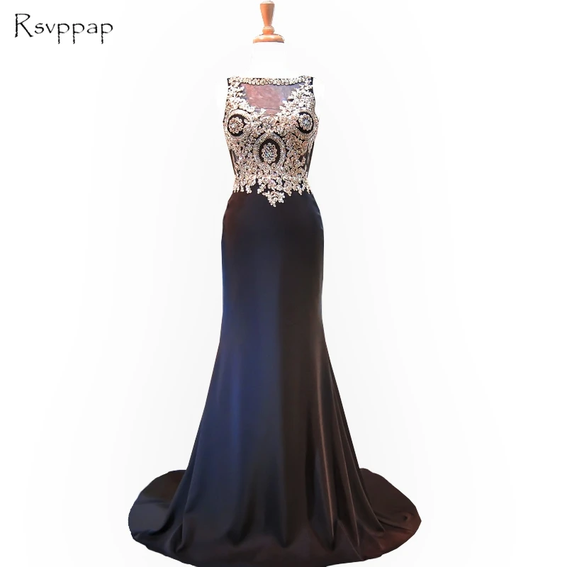 Новое поступление Для женщин Вечерние платья г. пикантные Sheer Scalloped черная Русалка золото длинное, кружевное до пола Атлас красивое вечернее платье - Цвет: Черный