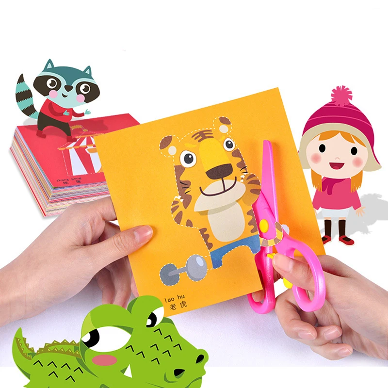 awesome  100pcs Kids Cartoon Color Paper Folding and Cutting Toys with Scissors kindergarten DIY Art Craft E