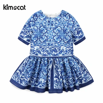 

Kimocat Summer Girls Chinese style girl's blue and white porcelain splicing short-sleeved dress princess dress