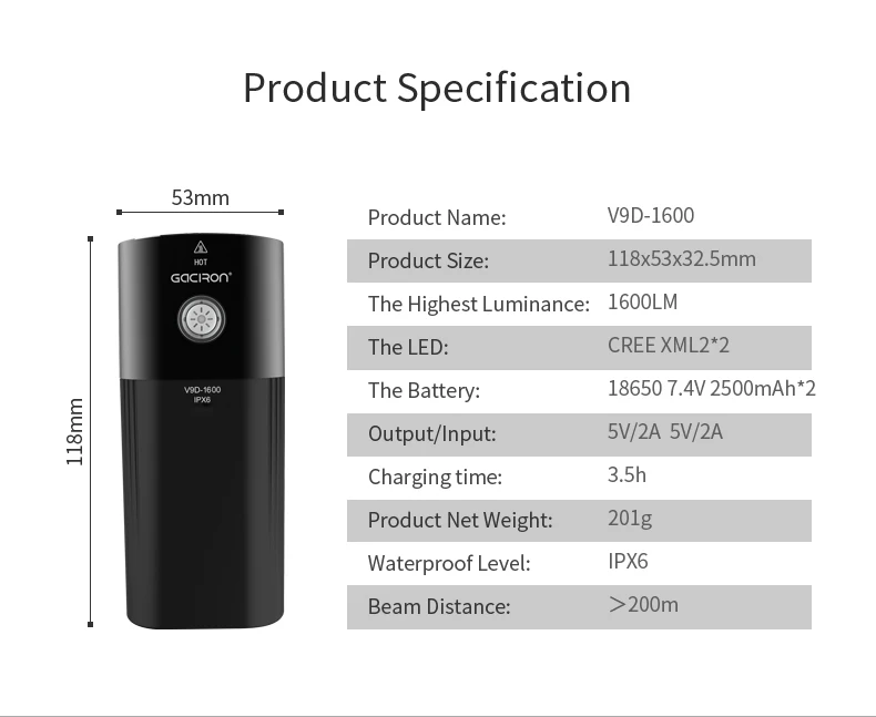 Top GACIRON Bike Front Headlight Cycling Bicycle Rechargeable Flashlight IPX6 Waterproof 5000mAh 1600Lumen LED Lamp Bike Accessories 2 Top GACIRON Bike Front Headlight Cycling Bicycle Rechargeable Flashlight IPX6 Waterproof 5000mAh 1600Lumen LED Lamp Bike Accessories 2