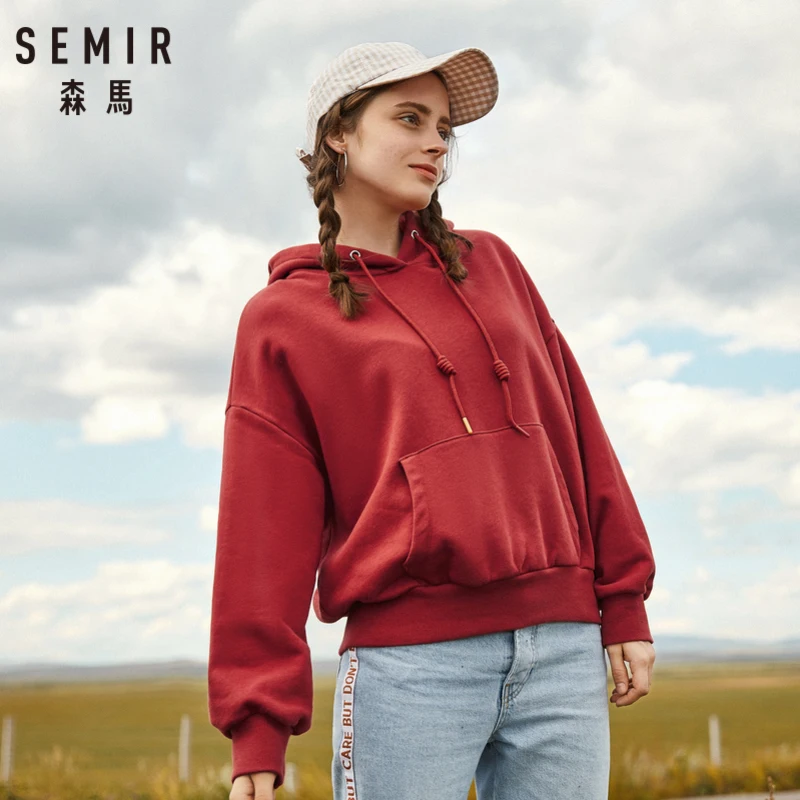 SEMIR Женская толстовка с капюшоном на флисовой подкладке, пуловер с заниженным плечом, толстовка с капюшоном на подкладке, капюшон с кулиской, трикотажная резинка на манжетах и подоле