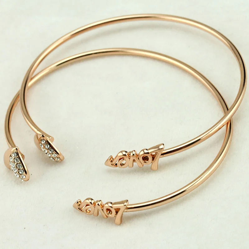 Rose Gold Crystal Charm Romantic Open Cuff Bangles Bracelet Set for Women Adjustable Bangle Wedding Party Jewelry