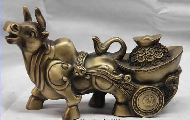 

Collectible bronze lion statue S1090 China Copper Bronze Yuanbao Wealth Money Ox-drawn cart Cow Bull OX Cattle Statue