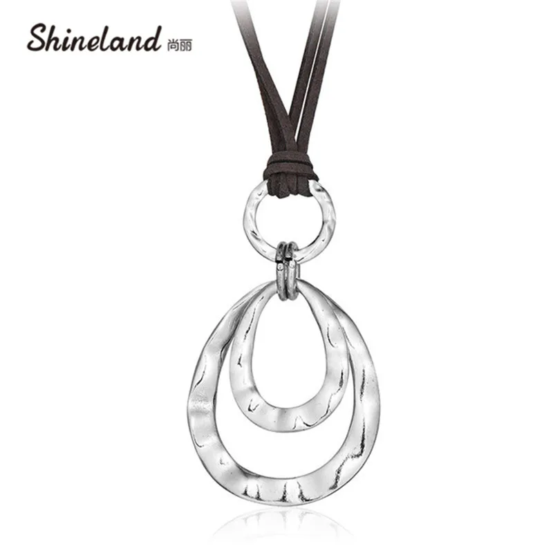 Shineland 2 слоя Ретро длинное ожерелье для женщин новые модные ювелирные изделия искусственная кожа Веревка двойные круги ожерелье и кулон