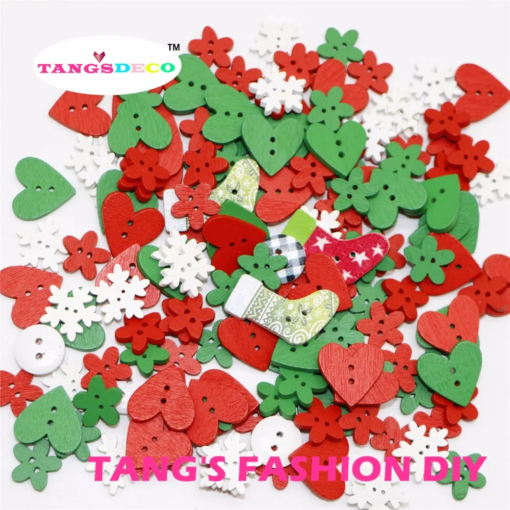 

100pcs---christmas red/green/white color style color mix wooden button color/ shape mix