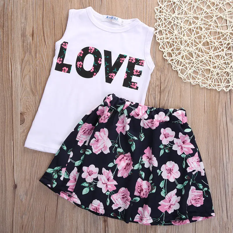 Модный комплект одежды для маленьких девочек жилет на бретелях с буквенным принтом футболка+ юбка с цветочным рисунком, комплект одежды