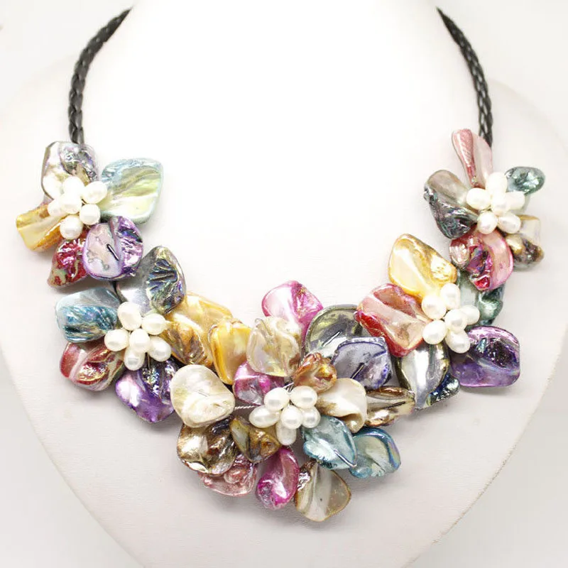 

18 inches Natural Leather Cord Five Multicolor Shell Flower Women Handmade Pearl Necklace