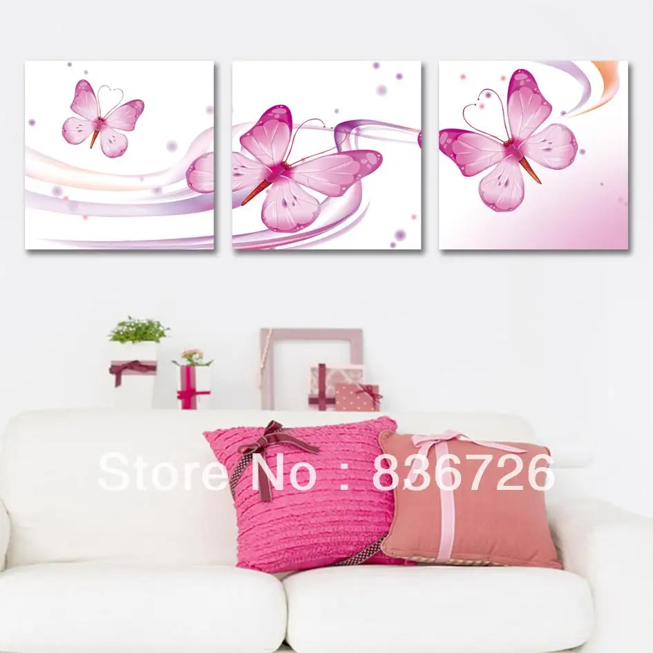 3 piece canvas wall art Pink canvas wall art Butterfly wall art