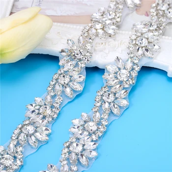 

XINFANGXIU 1 Yard Gold handmade sewing pretty clear Crystal applique trims rhinestone flower pieces trims for DIY garment