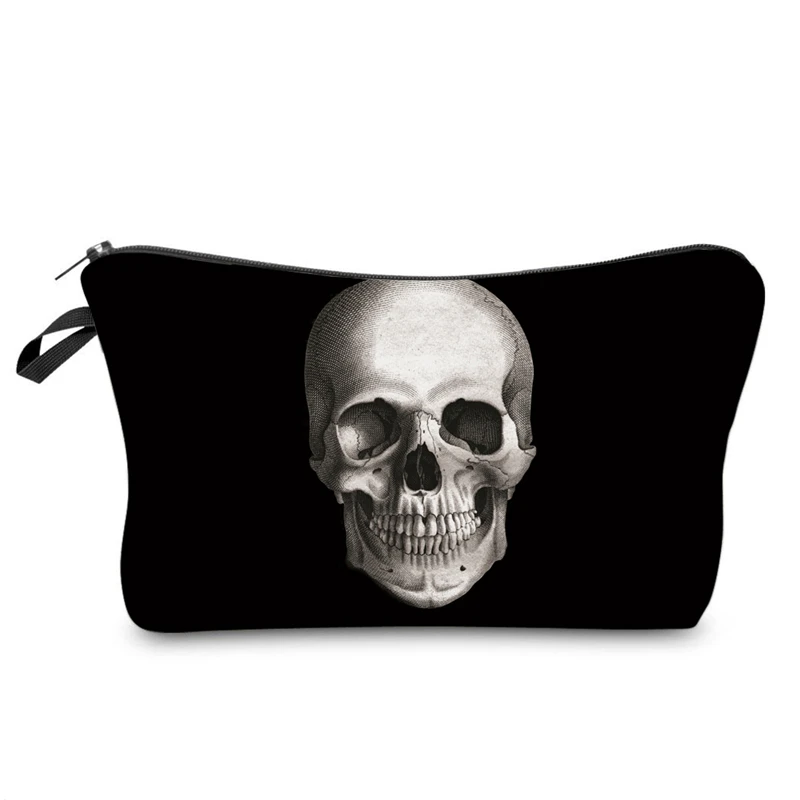 

High Quality Men And Women Travel Cosmetic Organizer Storage Bag Popular Cool Zipped Skeleton Skull Printing Makeup Bags