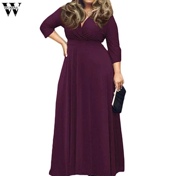 

Womail dress Autumn V-Neck Solid Party Dress plus size Casual Long Dress Women Holiday work Elegant Vacation vestidos J715