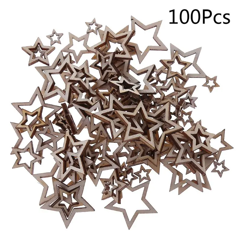 100pcs Laser Cut Wood 1-3cm Mix Wooden Hollow Star Shape Craft Wedding Decor  19QB