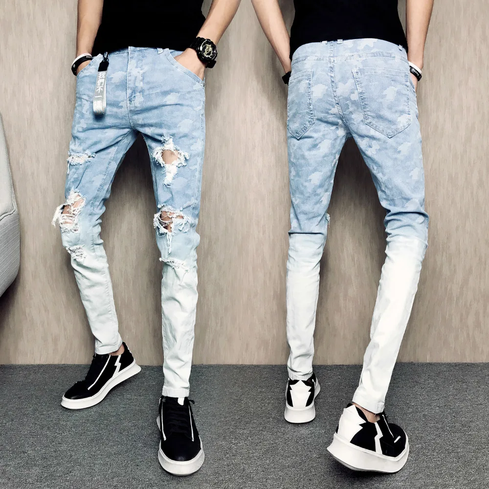Summer Jeans Men Fashion 2019 Slim Fit Gradient Color Ripped Men Jeans Hole Design Casual Print Denim Pants Men Trousers 32-28