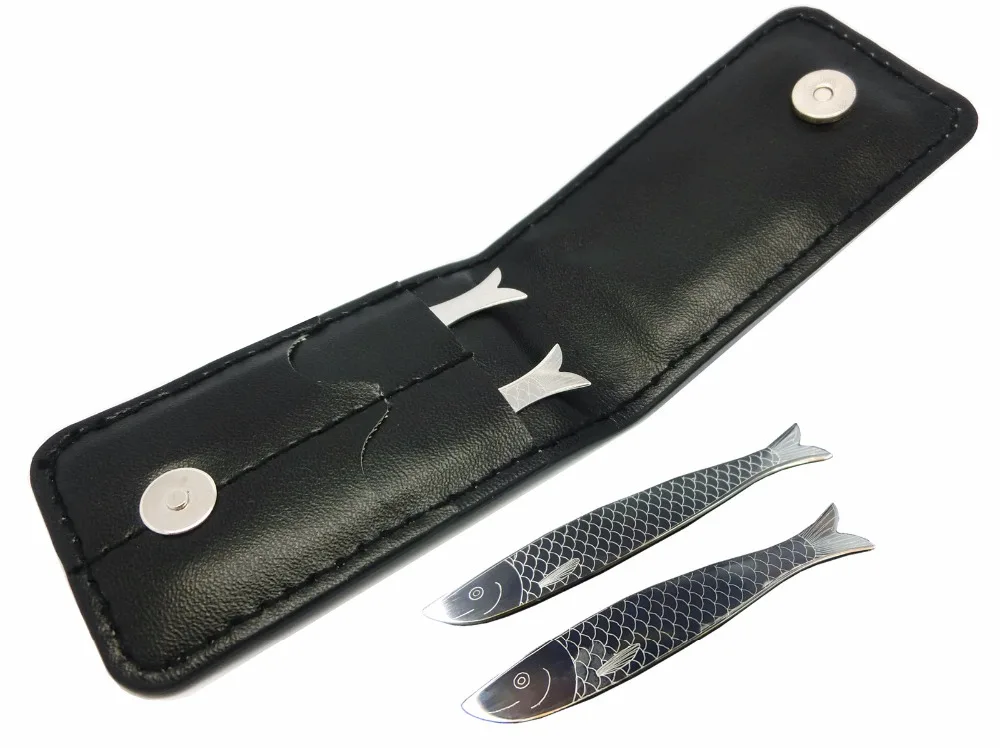 SHANH ZUN Top Quality Stainless Steel Fish Design Collar Stays 2 Different Sets for Shirts in Black Leather Wallet