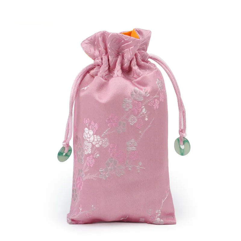 

Cherry blossoms Patchwork Jade Length Jewelry Pouch Drawstring Silk Satin Bead Necklace Storage Bag Cell Phone Cover