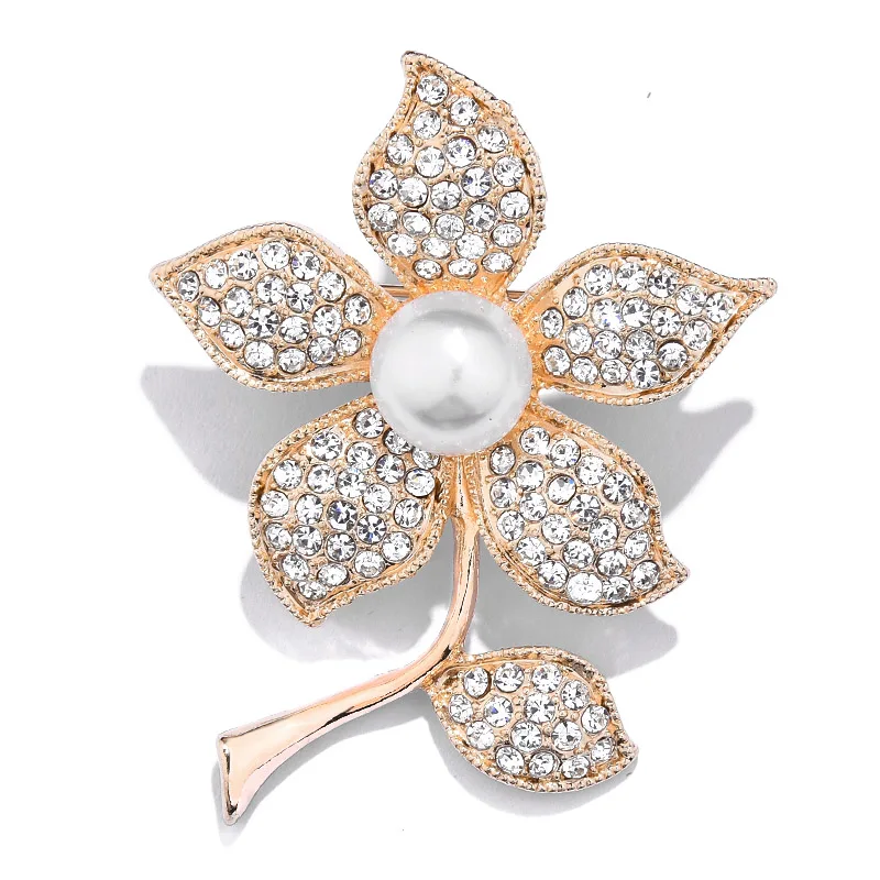 New Elegant White Crystal Rhinestone Flower Brooch Pin Fashion Wedding Bride Bridesmaid Simulated-pearl Brooches Pins Jewelry | Украшения и