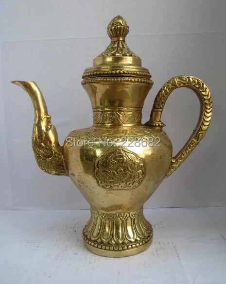 

Collectible Chinese Brass Carved Big Teapot /flagon Chinese Pot Free Shipping