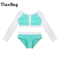 TiaoBug/Детская Одежда для танцев для девочек, укороченный топ с длинными рукавами в сеточку и шорты, комплект детской гимнастической одежды