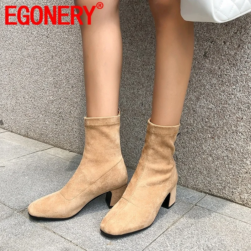 

EGONERY woman booties 2019 new fashion square toe 5 cm heel shoes women plus size 34-42 office dress party slip on shoes