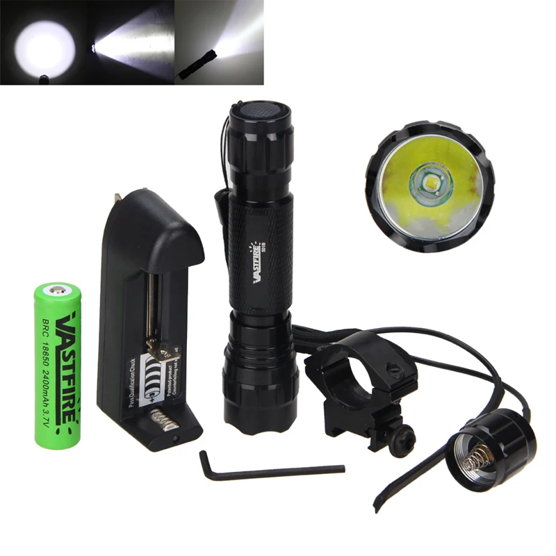Waterproof Tactical Hunting Light 5000lumen Self Defense Weapon Flashlight+Remote Pressure Switch+18650+20mm Rail Mount+Charger