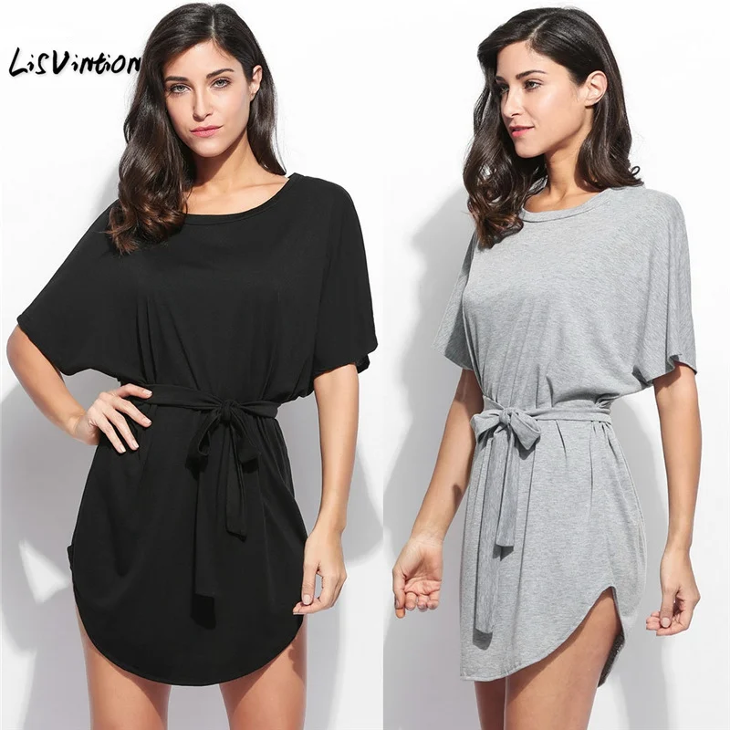 

LisVintion Women Batwing Half Sleeve Round Collar Casual Dress Summer Style Irregular Hem Solid Mini Dress Vestidos Mujer
