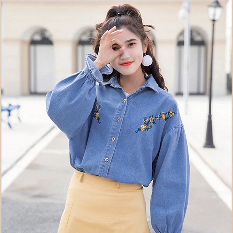 

HziriP 2018 New Arrival Women Denim Shirts Long Sleeve Solid Embroidery Loose Vintage Fashion Elegant Female Tops Cowboy Blouse