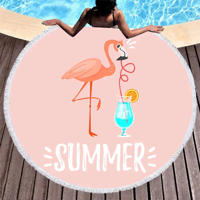 3D Digital Printing Hand-painted Pink Flamingo Beach Towel Large Round Tassel Yoga Mat Home Decoration Travel |