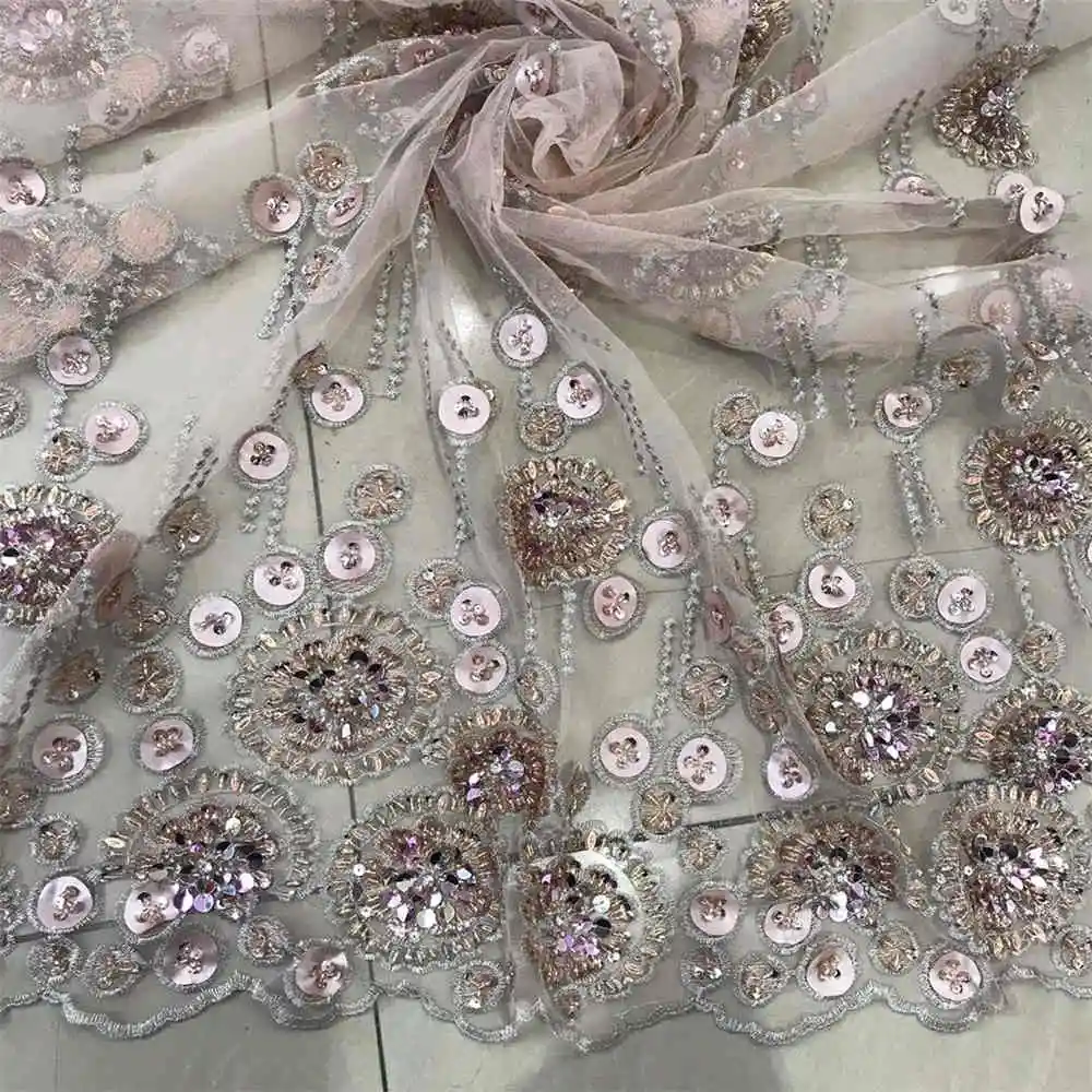 

African Lace With Heavy Beads Guipure Embroidery Sequins Tulle 3D Applique Lace French Lace Fabric Dress NX340x
