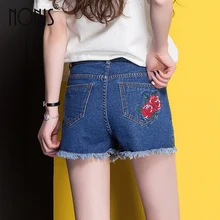 Лето г. Для женщин Высокая Талия Короткие джинсы цветок Вышивка карманы джинсовые короткие Винтаж Рубашки домашние