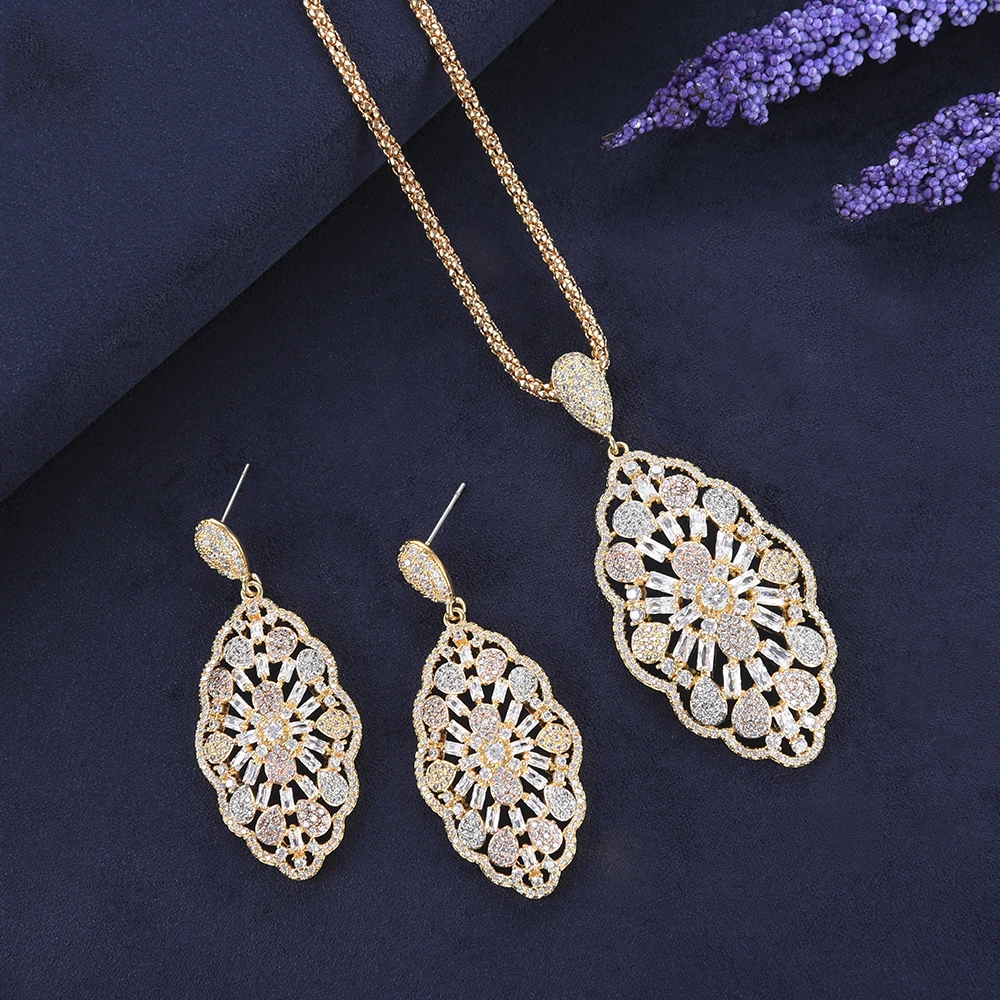 

JIMBORA Luxury Bullet Water drop Pendant Necklace Earring Sets Jewelry Sets For Dubai Nigerian Women Wedding Engagement 2019