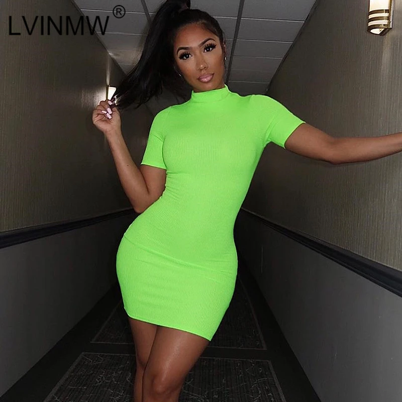

LVINMW Sexy Solid Knitting O-Neck Short Sleeve Bodycon Dress 2019 Women Summer Casual Pencil Dress Female Streetwear Dresses